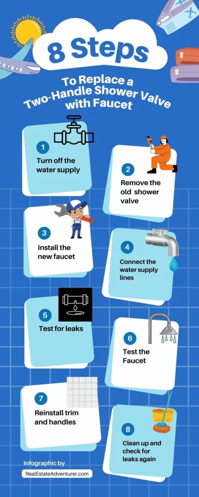 8 steps to replace a two-handle shower valve and facuet. An inforgraphic.